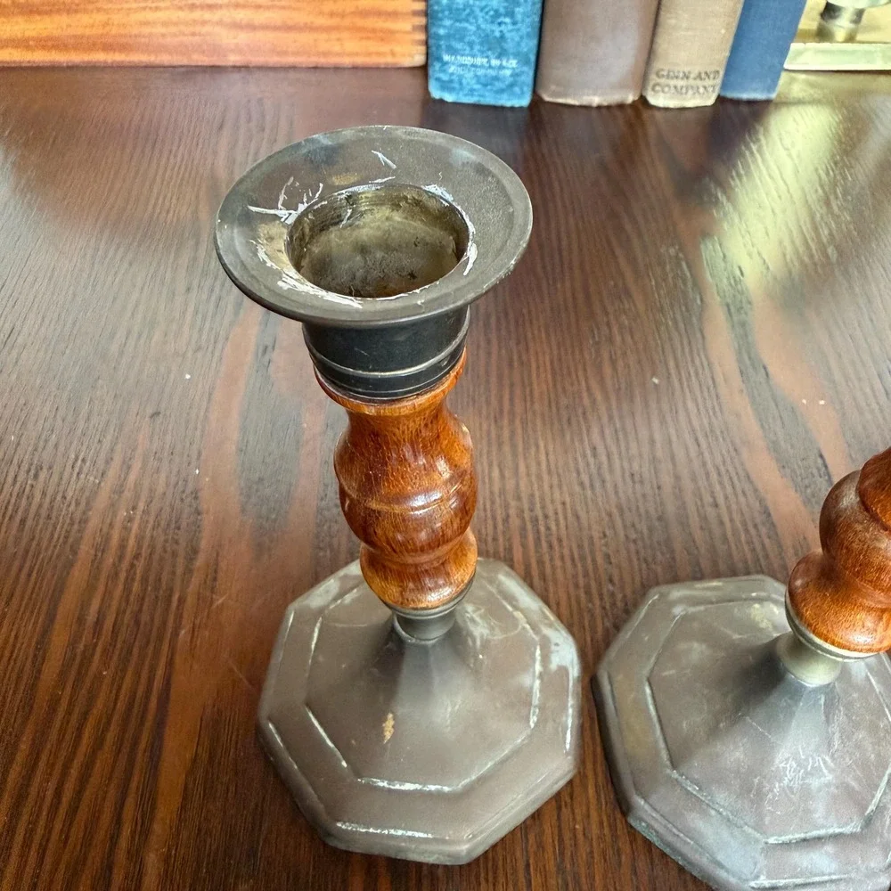 Vintage Brass & Wood Candlesticks Pair